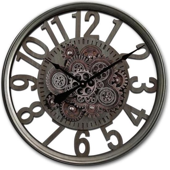 Horloge murale industrielle métal vieux gris à engrenages mobiles 60 cm |  bol