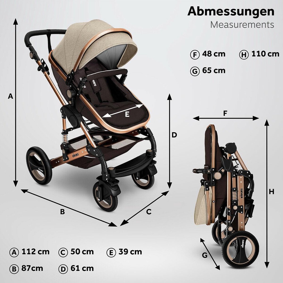 KIDUKU 3 in 1 Combi-Kinderwagen Bruin/Goud Inklapbaar - afbeelding 2