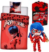 Dekbedovertrek Miraculous- Girl Power- 140x200- Polyester- kussen 63x63cm-rood, incl.  pluche knuffel Ladybug - 30 cm