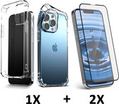 HB Hoesje Geschikt voor Apple iPhone 13 Pro Transparant & 2X Volledige Glazen Screenprotector - Extra Stevig Anti-Shock Hybrid Back Cover