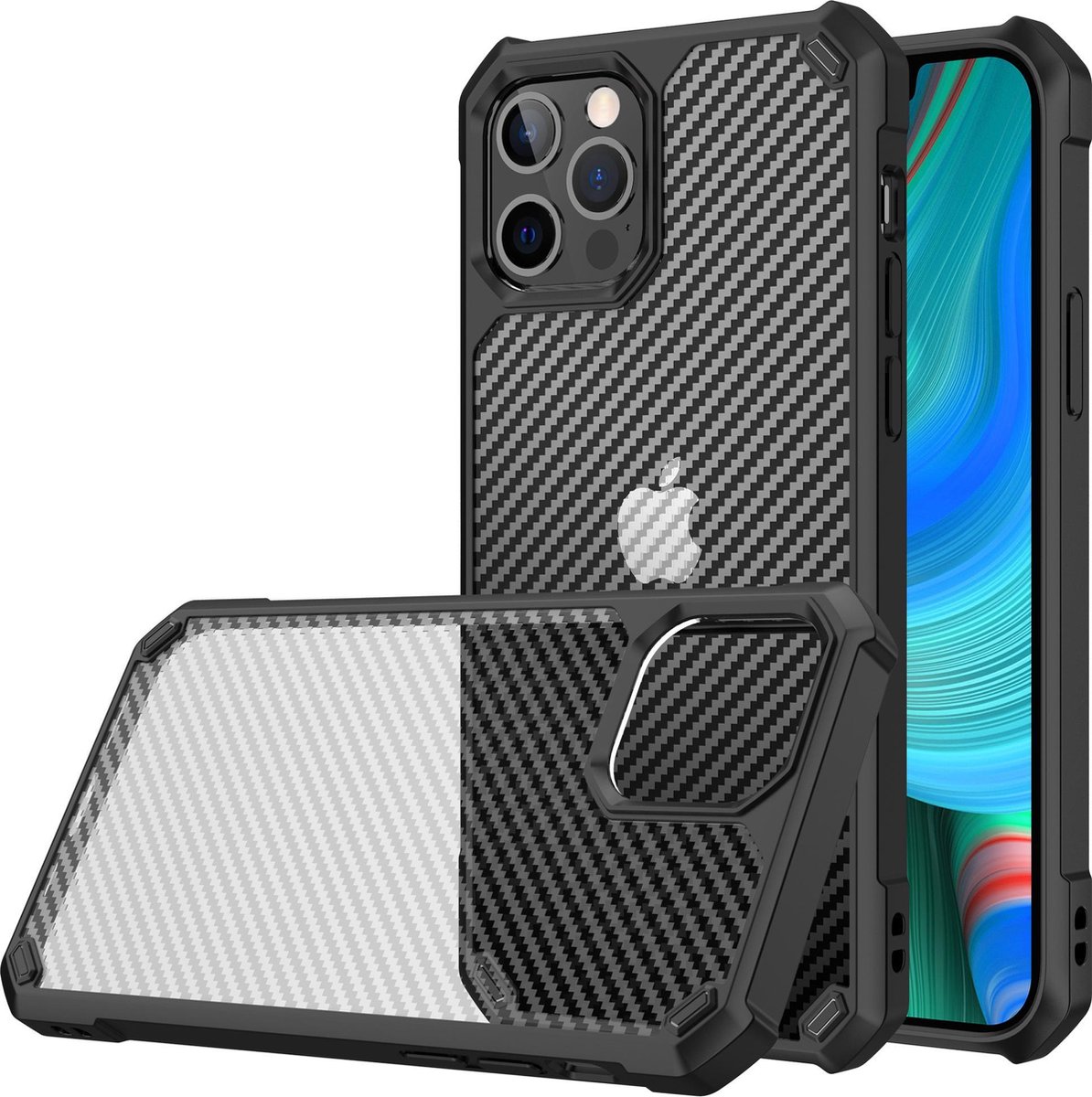 ShieldCase geschikt voor Apple iPhone 13 Pro Carbon Bumper Case - zwart - Bumper case hoesje - Beschermhoesje hardcase - Shockproof shock case - Transparant doorzichtig hoesje