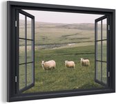 Wanddecoratie Metaal - Aluminium Schilderij Industrieel - Doorkijk - Gras - Schaap - 30x20 cm - Dibond - Foto op aluminium - Industriële muurdecoratie - Voor de woonkamer/slaapkamer