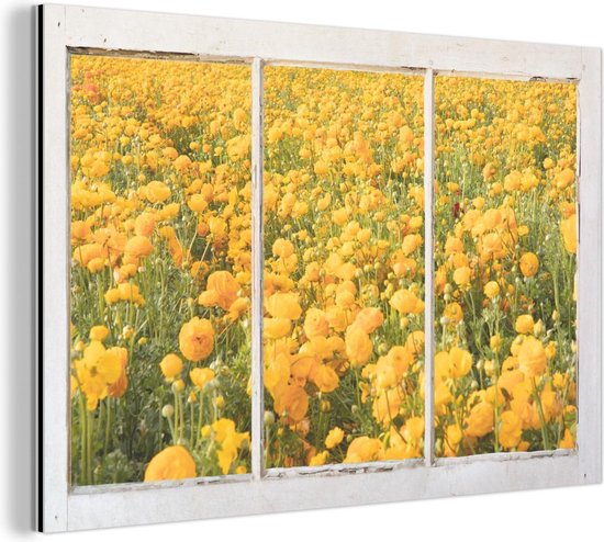 Wanddecoratie Metaal - Aluminium Schilderij Industrieel - Doorkijk - Bloemen - Geel - 30x20 cm - Dibond - Foto op aluminium - Industriële muurdecoratie - Voor de woonkamer/slaapkamer