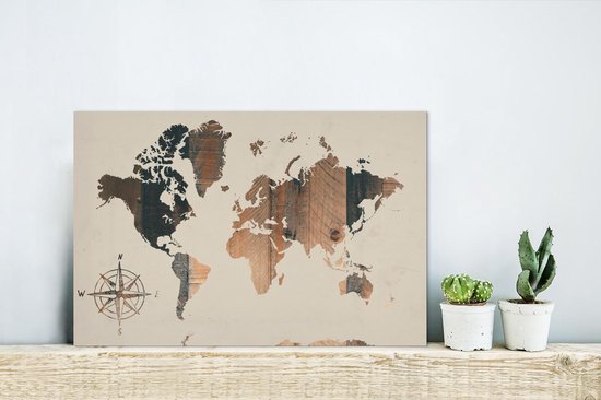 Décoration murale Métal - Peinture Aluminium Industrielle - Wereldkaart - Etagère Bois - Rose des Vents - 30x20 cm - Dibond - Photo sur aluminium - Décoration murale industrielle - Pour le salon / chambre