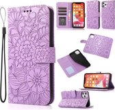 Skin Feel Reliëf Zonnebloem Horizontale Flip Lederen Case met Houder & Kaartsleuven & Portemonnee & Lanyard Voor iPhone 11 Pro (Paars)