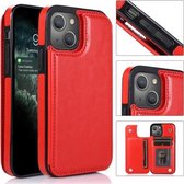 Dubbele gesp schokbestendige PU-beschermhoes met kaartsleuven en houder voor iPhone 13 (rood)