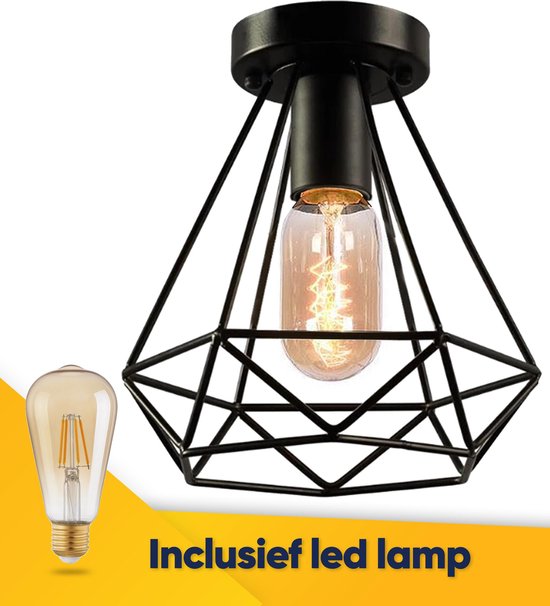Plafondlamp - led - retro - verlichting - plafonniere - inclusief - led lamp - vintage - industrieel - zwart - Ø20cm - wandlamp - e27