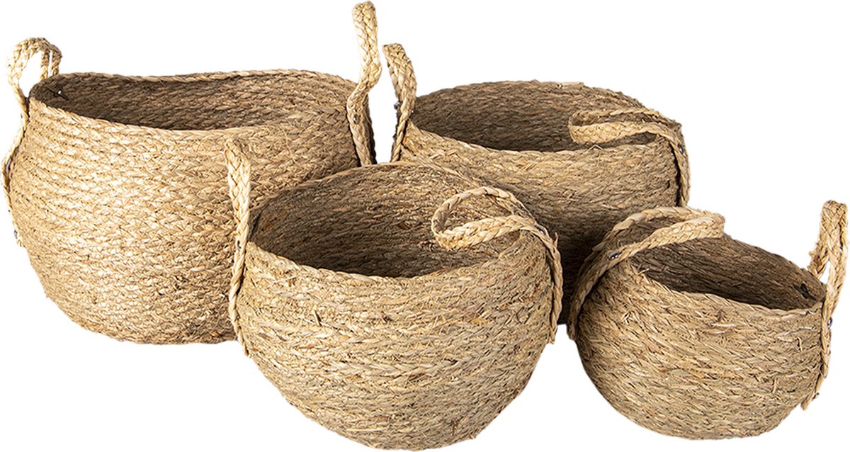 Clayre & Eef Opbergmand Set van 4 Ø 30 - Ø 18cm Bruin Stro Rond Mand