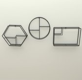 Geometrische muur decoratie van WDMT™ | set van 3 stuks | Rond | Vierkant | 6-hoek | Industriële wandrekken van metaal | Eenvoudig te bevestigen | Zwart