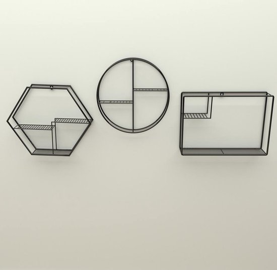 WDMT Geometrische Wandrekken - Set van 3 - Industriële Muurdecoratie - Metalen Wandrek Set - Stijlvolle Wandopbergers - Ronde, vierkante, zeshoekige wandrekken - Eenvoudig te bevestigen Wandrekken - Moderne Huisdecoratie - Mat Zwart