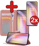 OnePlus Nord CE Hoesje Book Case Hoes Portemonnee Cover Met 2x Screenprotector - OnePlus Nord CE Case Hoesje Wallet Case - rose Goud