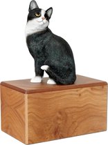 houten urn met zittende zwart-witte kat - kattenurn