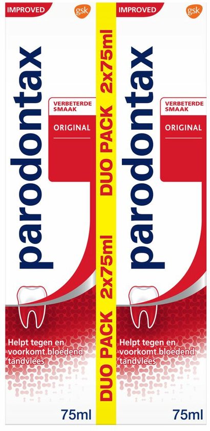 Duo pack van 2 tubes Parodontax Original tandpasta, 75 ml per stuk.