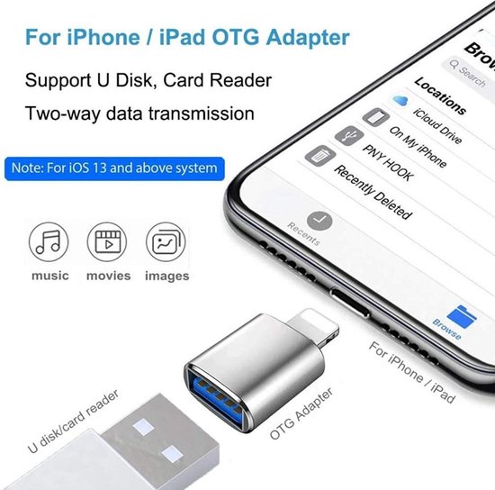 Lightning naar USB Adapter - USB 3.0 OTG Adapter naar Lightning - Geschikt voor iPhone en iPad - Data overzetten van Geheugenkaart naar iPhone / iPad en Vice Versa