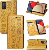 Voor Galaxy A03S Leuke Kat en Hond Reliëf Horizontale Flip Lederen Case met Houder & Kaartsleuven & Portemonnee & Lanyard (Geel)