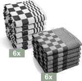 I2T Keukenset Geblokt - 6x Keukendoek + 6x Theedoek - Wit / Zwart
