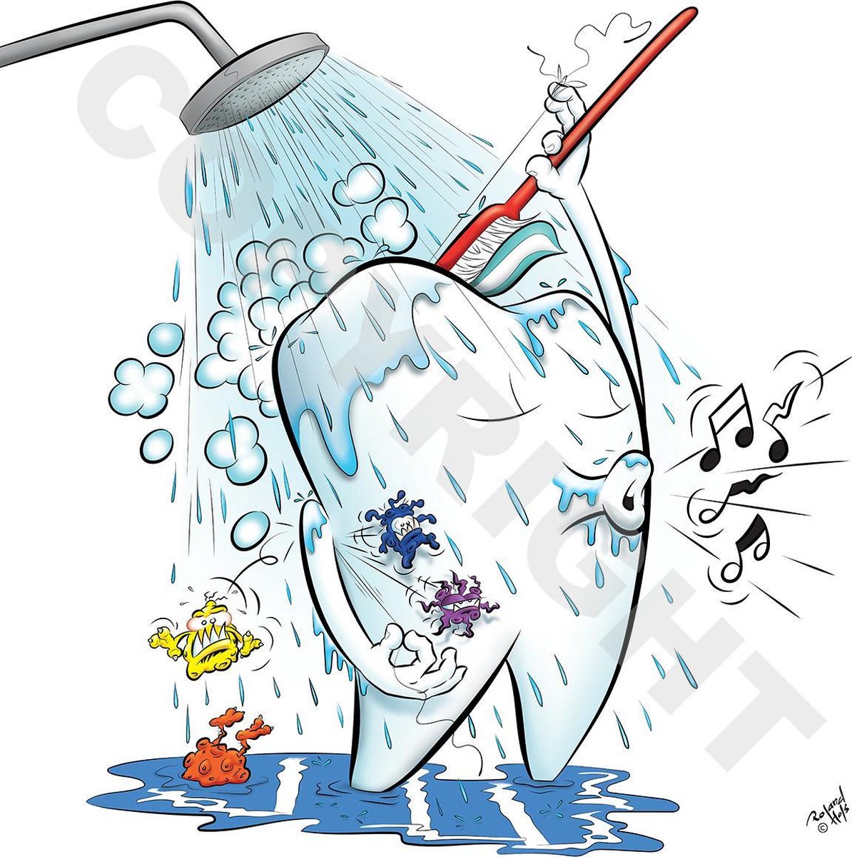 Cartoon plafondplaat - Poster - Roland Hols - Wassende kies - 60 x 60 cm - Forex 5 mm dik - Tandarts - Orthodontist -Mondhygiënist - voor boven de behandelstoel