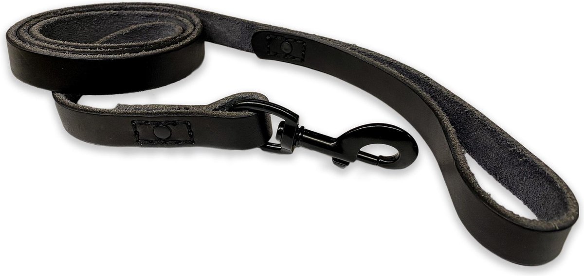 Bol.com Leren hondenriem - 180cm - volledig zwarte riem - hondenriem met stiksels - 100% volnerfleer - hond - leiband hond - led... aanbieding