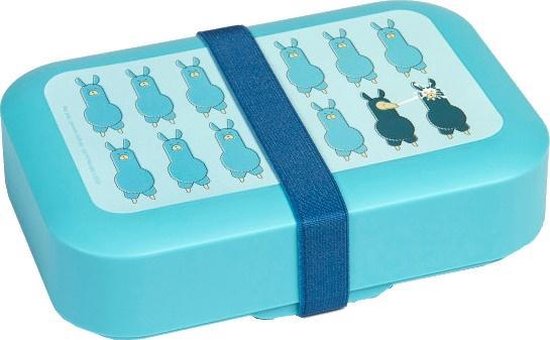 Boîte à pain bleu clair avec élastique bleu. Le couvercle représente dix-sept lamas bleus, dont deux semblent se battre avec des yeux laser blancs.