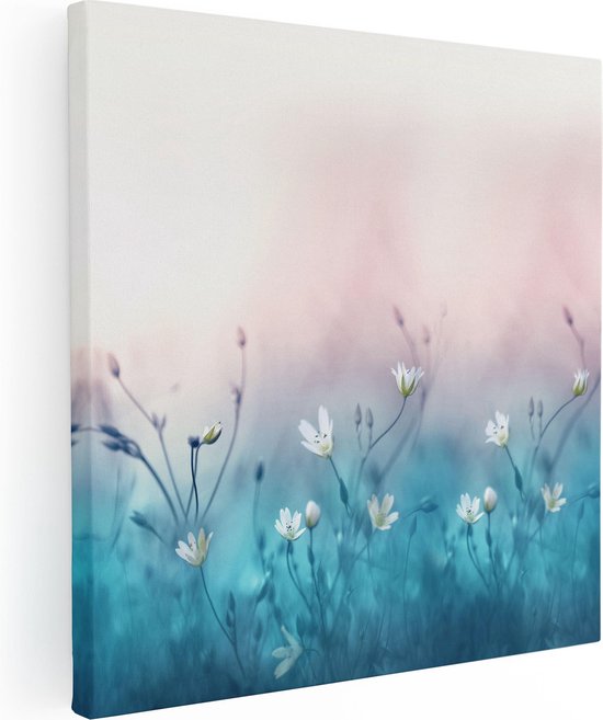 Artaza Canvas Schilderij Witte Bloemen Op Een Blauw Achtergrond - 40x40 - Foto Op Canvas - Canvas Print