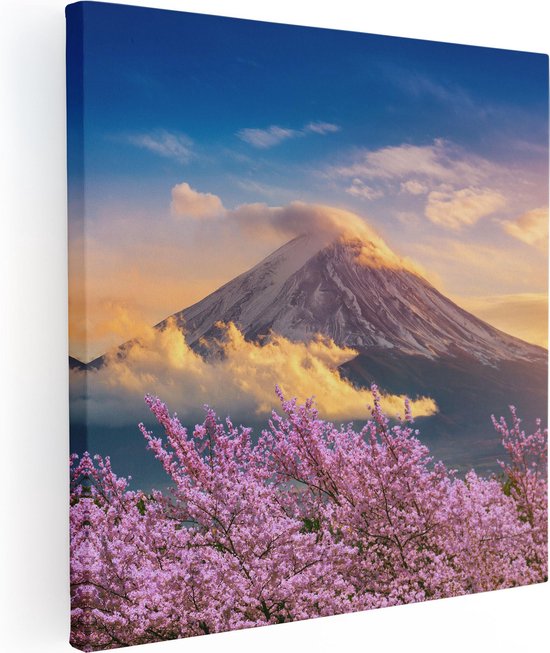Artaza Canvas Schilderij Fuji Berg Met Roze Bloesembomen - Bloemen - 40x40 - Klein - Foto Op Canvas - Canvas Print