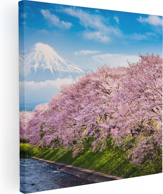 Artaza Canvas Schilderij Roze Bloesembomen Bij De Fuji Berg - 90x90 - Groot - Foto Op Canvas - Canvas Print