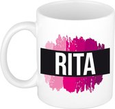 Rita  naam cadeau mok / beker met roze verfstrepen - Cadeau collega/ moederdag/ verjaardag of als persoonlijke mok werknemers