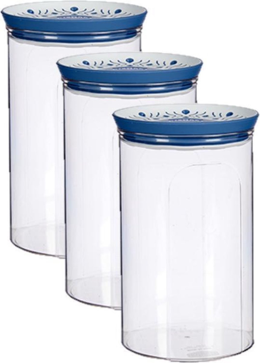 6x stuks voorraadpot/bewaarpot transparant/blauw met deksel L12xB12xH18 cm - 1200 ml - Kunststof voorraadpotten