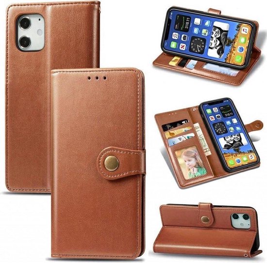 Luxe PU Lederen Wallet Case Geschikt Voor Apple iPhone 13 (6.1 Inch) - Portemonnee Book Case Flip Cover Hoesje Met Multi Stand Functie - Kaarthouder Card Case Beschermhoes Sleeve Met Pasjes Houder & Slimme Magneet Knoop Sluiting - Bookcase - Bruin