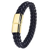 Victorious Leren Armband Heren – Zwart Gevlochten Leer en Gouden Sluiting – Zwart/Goud – 19cm