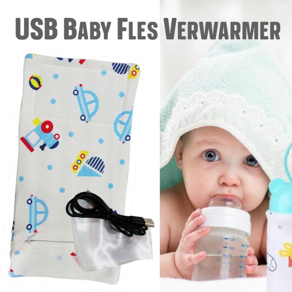 Goedkoopste Allernieuwste USB Baby Fles Warmer model Blauwe Auto's - Heater - Reisaccessoire - Draagbaar - Klittenband - Kleur