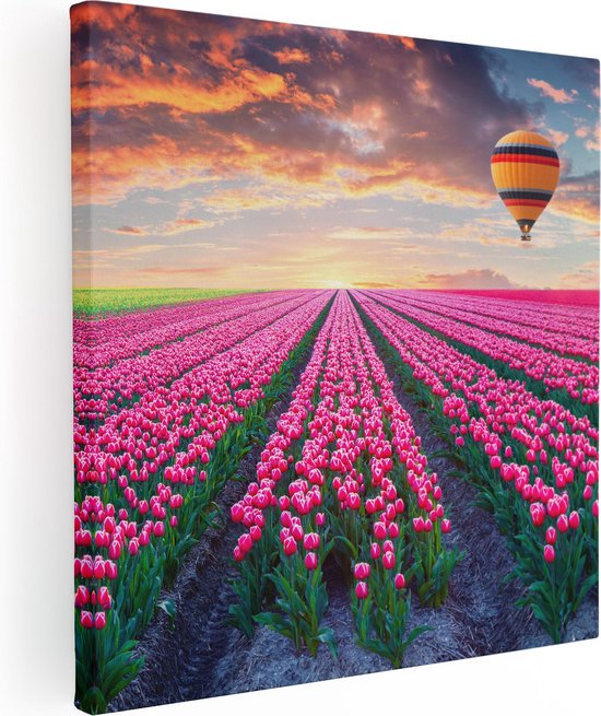 Artaza Canvas Schilderij Bloemenveld Met Roze Tulpen - Luchtballon - 80x80 - Groot - Foto Op Canvas - Canvas Print