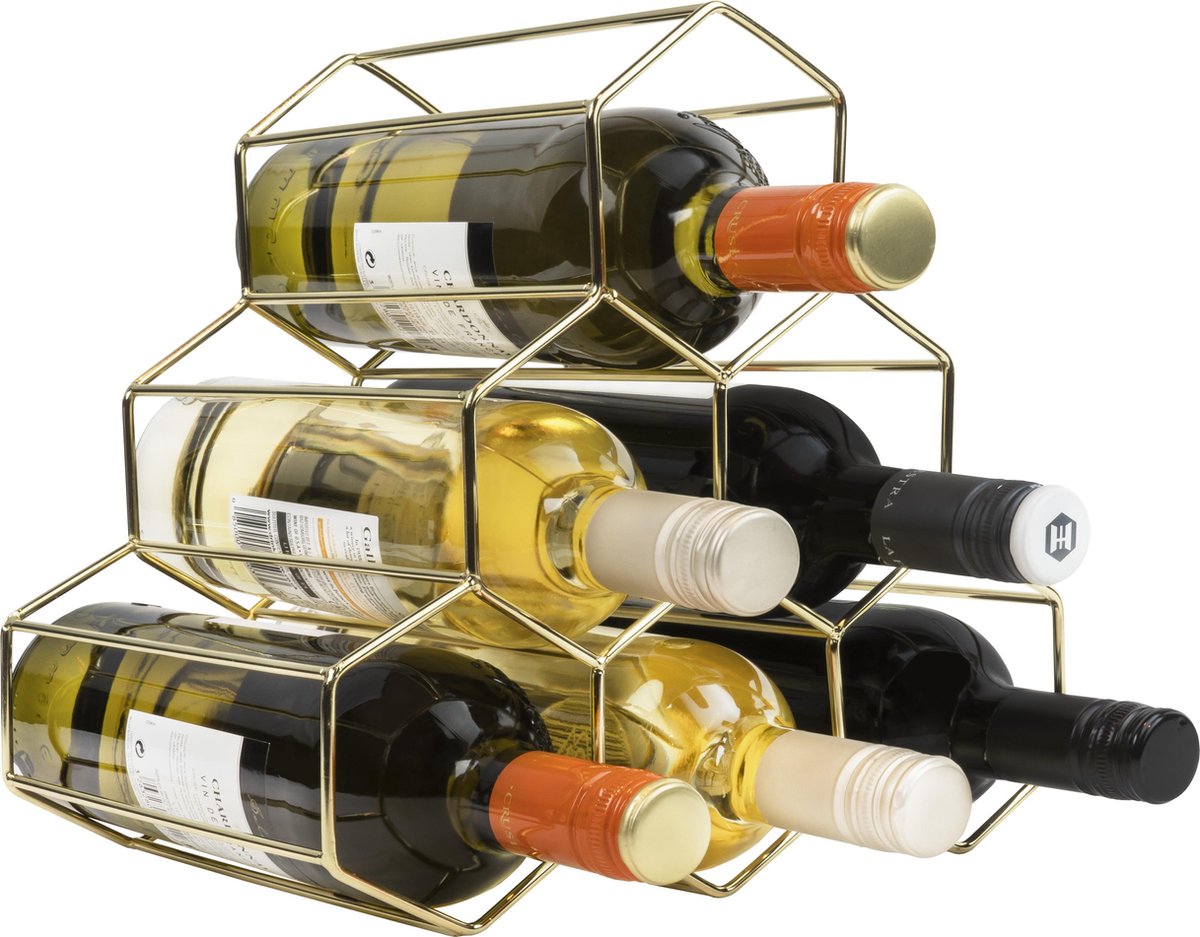 QUVIO Wijnrek - Wijnkast - Drankkast - Wijnrek muur - Wijnrek staand - Wijnrekken - Wijnaccessoire - Voor 6 flessen - 19 x 25,5 x 25 cm (lxbxh) - Metaal - Goud - QUVIO