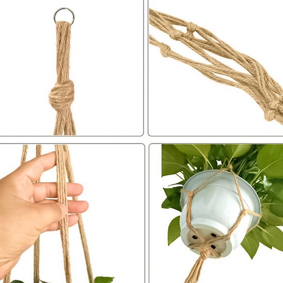 9 Stuks Jute Macrame Plantenhangers - Boho Handgeweven Katoen Hangpot voor Binnen/Buiten - Hangende Bloempot met Kralen - Macramé Touw/Koord Hangplant Houder - Bohemian Wandhanger Decoratie - Plant Hanger - Verticale Tuin Bloempothouder Planthanger