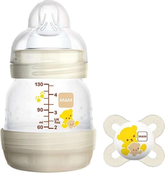 Product: Mam Easy Anti Colic zuigfles 130ml | wit met fopspeen | vanaf 0 maanden | ideale drinkfles in combinatie met borstvoeding, van het merk Mam