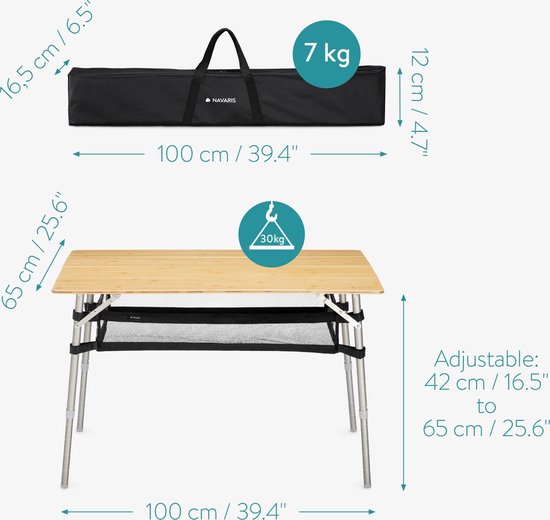 Navaris Uitklapbare Bamboe Campingtafel - Tafel Voor Op De Camping 80 X 60 X 43 65 Cm   Voor Op De Camping Picknick Of Festival   Inclusief Draagtas 1042517950