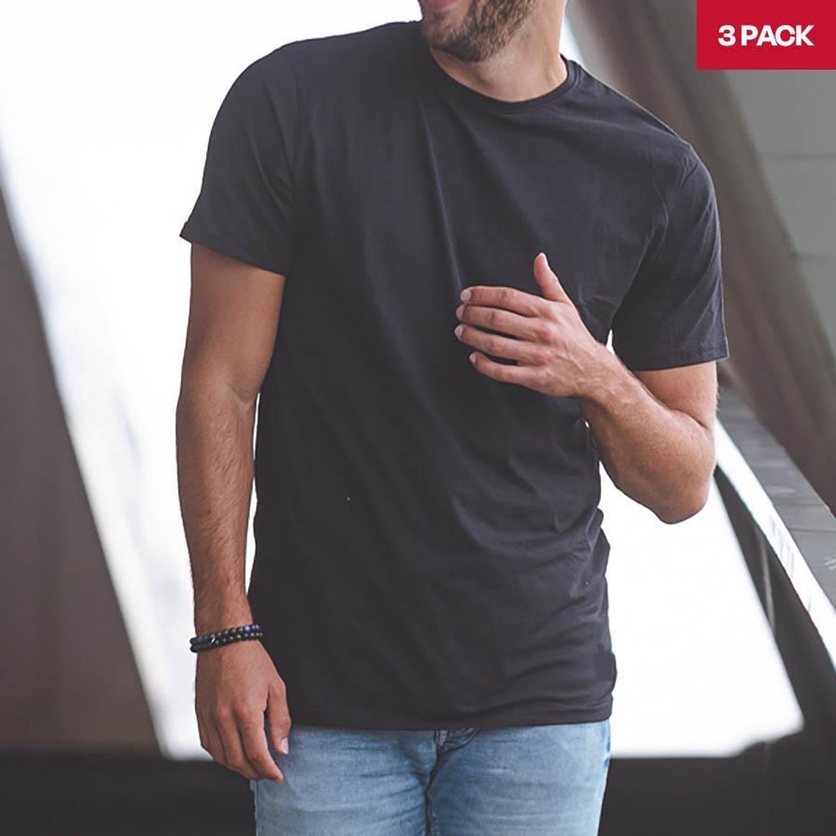 LebasQ - Steve's T-shirt voor heren - 3 pack - met Ronde hals - Extra lang - Geschikt als Ondershirt - Zwart - XL - Katoen