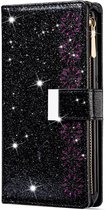 Samsung Galaxy S10 Luxe Glitter Book Case Hoesje met Koord - Bloemenpatroon - Magnetische Sluiting - Portemonnee met Rits - Pasjeshouder - Samsung Galaxy S10 - Zwart