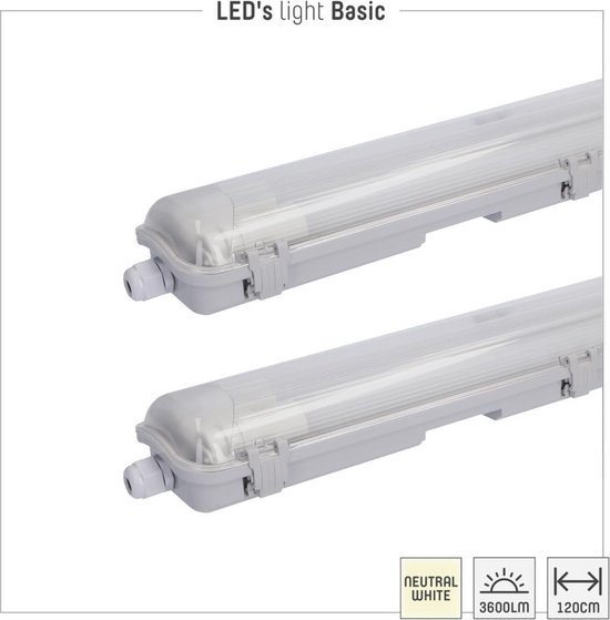 LED's Light - 2 x LED TL Armatuur met Buis - 4 x 18W 120cm 4320lm 4000K IP65 IK08