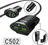 LDNIO C502 4 snelle USB autolader poorten met verlengkabel voor - en achterpassagiers Achterbank Sigarettenaansteker Poort - Voor iPhone & Samsung - iPad - Tablet - Galaxy tab - Sn