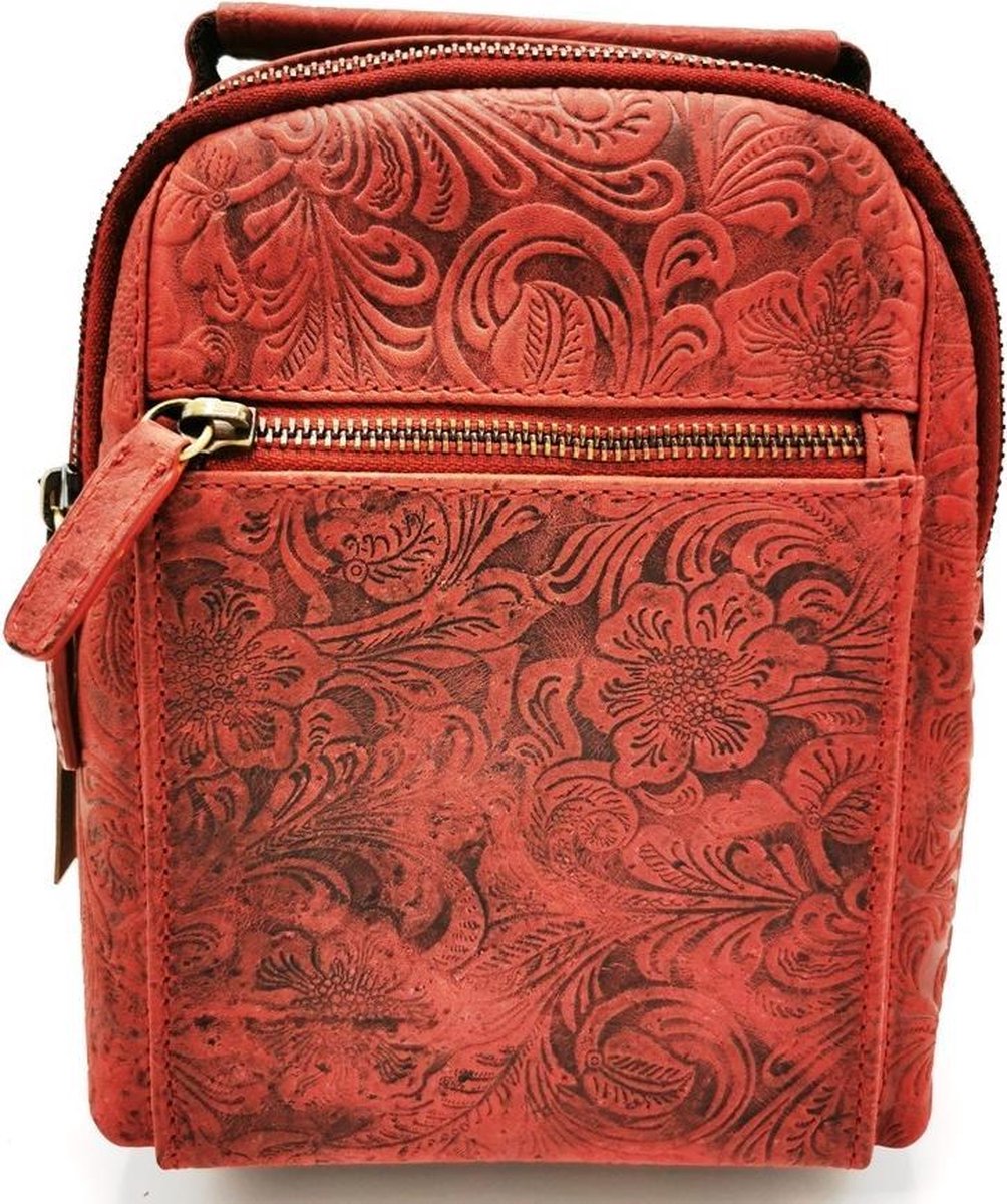 Hunters Leren Rugzakje met Reliëf Bloemenmotief rood H 22cm x B 18cm