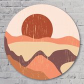 Muurcirkel ⌀ 50 cm - Muurcirkel abstract landschap met ondergaande zon - Kunststof Forex - Landschappen - Rond Schilderij - Wandcirkel - Wanddecoratie