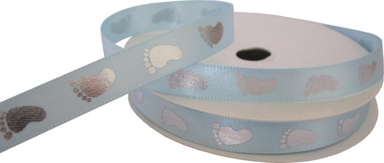 Foto: Geboorte baby lint 10mm 1cm luxe satijn lint satijnlint geboorte jongen baby voetjes licht blauw zilver rol 10 meter