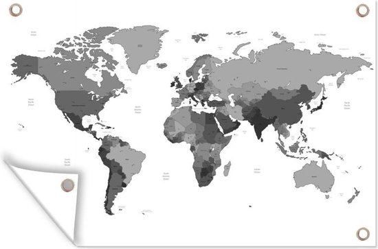 Tuinposters buiten Gemarkeerde landen op een wereldkaart - zwart wit - 90x60 cm - Tuindoek - Buitenposter