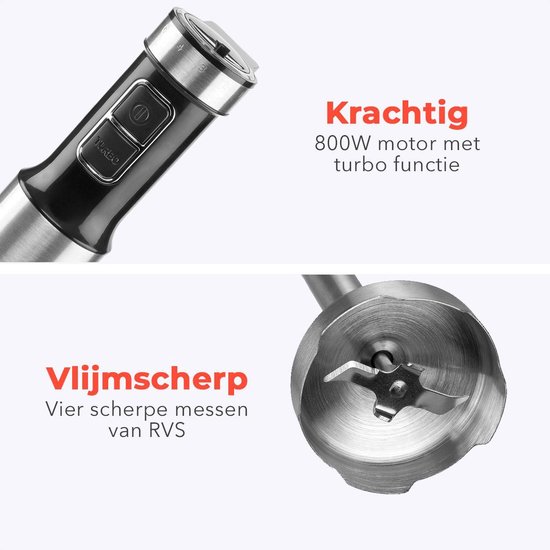 KitchenBrothers Staafmixer 4-in-1 Set - Hakmolen - Garde - Maatbeker - BPA-vrij - Vaatwasserbestendig - 6 Snelheden + Turbo - RVS