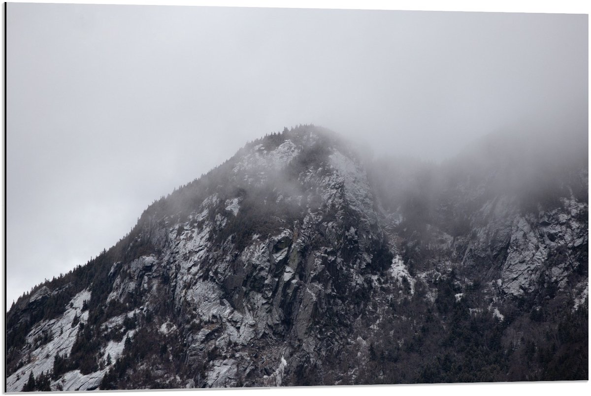 KuijsFotoprint Dibond - Berg met Mist (zwart/wit) - 90x60cm Foto op Aluminium (Met Ophangsysteem)