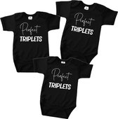 Rompertjes baby drieling met tekst-Drieling rompertjes perfect triplets-wit-Maat 56