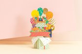 3D verjaardagskaart vol cadeautjes in doos, ballon en confetti felicitatie