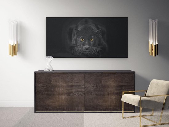 Artaza Canvas Schilderij Zwarte Panter Met Oranje Ogen - 100x50 cm - Groot - Wanddecoratie Woonkamer - Schilderijen - Muurdecoratie
