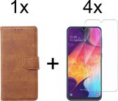 Samsung A70 Hoesje - Samsung Galaxy A70 hoesje bookcase bruin wallet case portemonnee hoes cover hoesjes - 4x Samsung A70 screenprotector